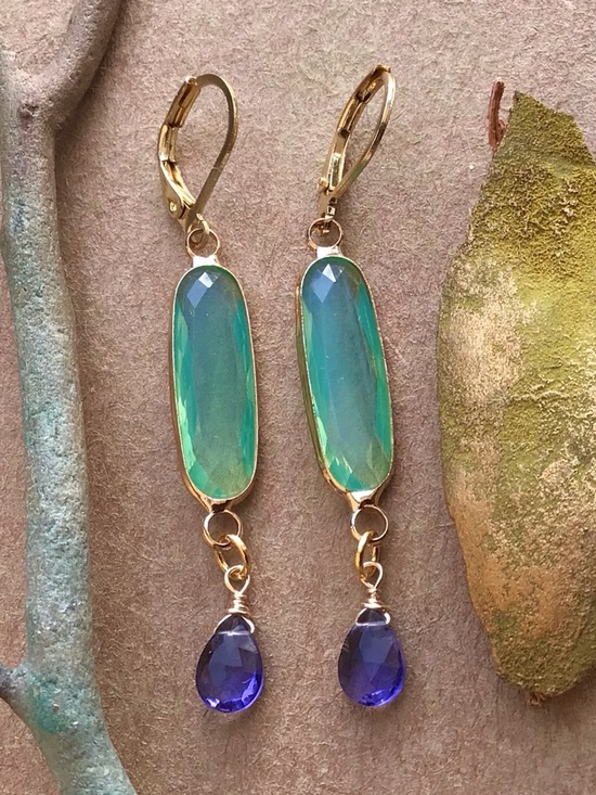 Hand Crafted Jewelry - Blue mint chalcedony bezel tanzanite quartz gold plated Earrings